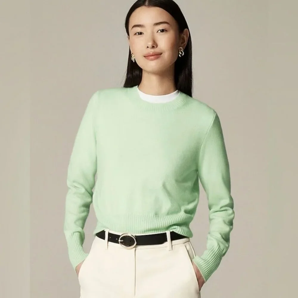 NWT J.Crew Cashmere Shrunken Crewneck Sweater in Sheer Mint Green Pullover L